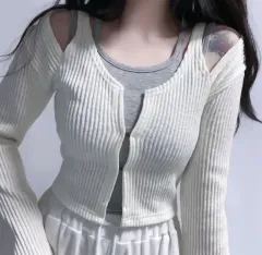 CHUU'S CHUU ゴージニット クロップド オフショルダー カーディガン レイヤード ビスチェ ショルダー スリット