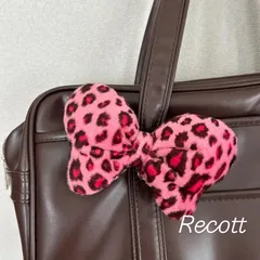 ⑦  スクバに！ ピンク✩ ふわふわ可愛い♡ ヒョウ柄 リボン ヘアゴム ☆JK デカリボン ファー 起毛