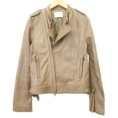 ステュディオス STUDIOUS ラムレザー ライダース ジャケット ダブル ブルゾン 羊革 1 ベージュ ■YHS4