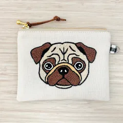パグの手刺繍、12センチフラットファスナーポーチ