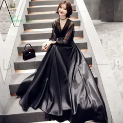 [期間限定セール]送料無料 カラードレス カクテルドレス ブラック 黒 Vネック ロングドレス