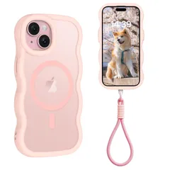 【特価セール】Telaso iphone15 ケース magsafe対応 手首ストラップ付き ウェーブ 波状エッジ 耐衝撃 落下防止 iphone 15ケース 半透明 薄型 軽量 指紋防止 レンズ保護 ワイヤレス充電対応 6.1インチ ピンク