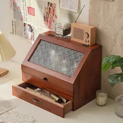 【新品?未使用】 ヴィンテージパインアカウントストレーボックス 引き出し収納ボックス ガラス仕切り 防塵機能 ホームストレージボックス