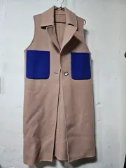 ウール ベージュ ロング ベスト コート ブルー ポケット