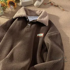 スウェット メンズ ポロ襟 コーデュロイ 裏起毛 ボア 厚手 レトロ 学生 冬 アウター M260110-2