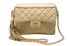 CHANEL シャネル マトラッセ 23 フリンジ チェーンショルダーバッグ イエロー ベージュ ラムスキン ゴールド金具 美品 中古 4b011240