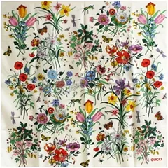 グッチ シルク スカーフ アイボリー マルチカラー フローラ柄 中古