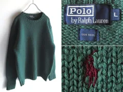希少 90sビンテージ Polo by Ralph Lauren ラルフローレン ポロポニーロゴ刺繍 ウール ローゲージ ニット セーター L 緑 グリーン VINTAGE ヴィンテージ オールド 古着