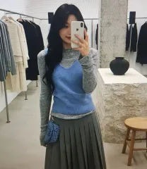 (海外配送) グレーニット長袖Tシャツ + ブルーベスト セット