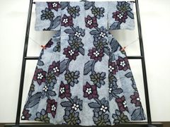 C◇着物くつろぎ 有松鳴海絞り 夏物 浴衣 花模様 紺色 綿 着物 K03
