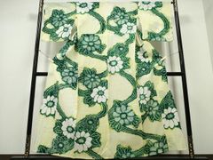ミ*ン様 □E6686□美品□木綿□黄色×緑 有松絞り 小さめサイズの浴衣