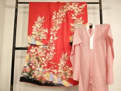 平和屋着物[]七五三　女の子　７歳　祝着　四つ身　長襦袢(単衣)セット　源氏車花文　金彩　正絹　逸品　AABF2135ja