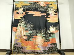 未仕立て 正絹 丹後ちりめん 緑 金彩 絞り牡丹 松竹梅 振袖 身丈182 