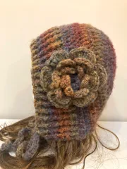 ハンドメイド　ブラウンレインボー　リブ編み　バラクラバ　ボンネット　耳当てニット帽