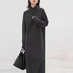 ロングニットワンピース 秋冬 即購入OK ニットワンピース Aライン ハイネック ボタン 厚手 暖かい 保温 防寒服 ゆったり 体型カバー 長袖 上品 きれいめ シンプル 体型カバー 無地 伸縮性 洗える ルーム