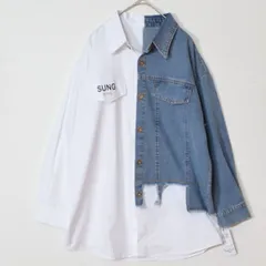 デニム切替アシンメトリーブラウス 異素材コンビ ゆったり体型カバー M〜L