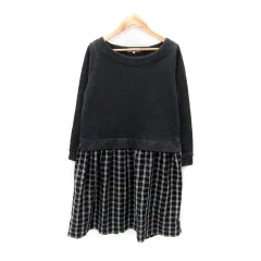 ナチュラルビューティーベーシック NATURAL BEAUTY BASIC ドッキングワンピース ひざ丈 長袖 ラウンドネック チェック柄 裏起毛 M チャコールグレー 黒 ブラック /SY44