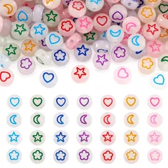 新品 Beadthoven 約200個 7x3.5mm フラットラウンド アクリルビーズ 蓄光 ハート 花 星 月 可愛い 夜光ビーズ 暗闇で輝く アクセサリーパーツ ジュエリー用 DIY ハンドメイド 手芸材料 手作り素材 クラフト用品 ミックス柄