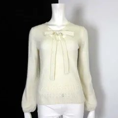 ルール RULe  ニット セーター アンゴラ ウール 透かし編み 切替 リボン Vネック バルーン袖 長袖 M オフ白 アイボリー