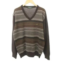 ゴールデンベア GOLDEN BEAR Vネック ウール ニット セーター ボーダー 日本製 厚手 Lサイズ 茶 ブラウン ■GY61