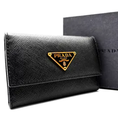 未使用に近い PRADA プラダ 6連 キーケース 三角ロゴ プレート トライアングル サフィアーノレザー 小物 ユニセックス メンズ レディース ブラック 黒