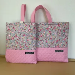 入園入学準備2点セット　りんりんのハンドメイド　レッスンバッグ　上履き入れ　キルティング　花柄