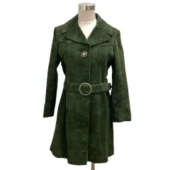 Partina コート レザー スエード ミドル丈 ウエストベルト付 9 緑 グリーン