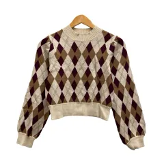 アルシーヴ archives ニット セーター 長袖 クルーネック アーガイル柄 M ベージュ 茶 ブラウン 紫 パープル レディース