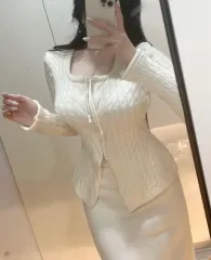 パール ケーブル編み Aライン ロング ニット + ロング スカート ニット セットアップ