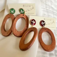 【ピアス 色違い2セット販売】ウッド × レジン USED / 本物の花入り / ハンドメイド【アレルギー対応】