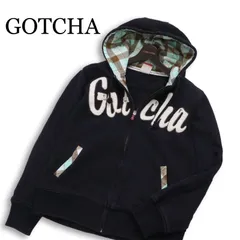 GOTCHA ガッチャ 秋冬 ビッグ ロゴ★ 裏起毛 スウェット チェック使い ジップ フーディー パーカー Sz.M メンズ 黒 サーフ