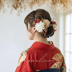 【coquelicot】卒業式 成人式 髪飾り ダリア 赤×ゴールド 金箔シート付／ ヘッドパーツ  前撮り 振袖 コクリコ