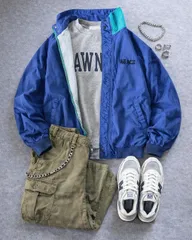 シティーボーイ テック系 y2k 古着 ロゴスウェット × 短丈 ナイロンジャケット 【2点セット】 90s ストリート used 【完成コーデ】【セット売り】【コーディネート販売】 アメカジ