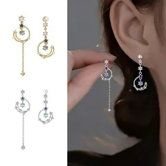 ピアス 18金 仕上げ レディース 揺れる 月星 モチーフ アシンメトリー CZダイヤモンド アレルギー対応 母の日