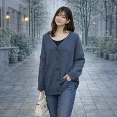 【大人可愛い】【厚手】LOWRYS FARM カーディガン ニット Fサイズ ブルー ゆったり