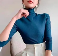 ブルー フリルネック 起毛 タートルネック