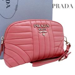 美品PRADA 三角ロゴ プレート ナイロン キルティング ポーチ ピンク