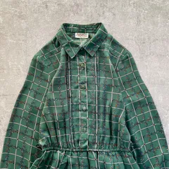 昭和レトロ グリーン格子×小花柄 ウエストゴム切替 長袖ロングワンピース ロング丈9号