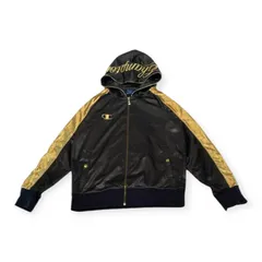 【古着】 Champion チャンピオン ジャージ トラックジャケット 黒×金 ゴールド 刺繍ロゴ フード付き 魔裟斗モデル風 Y2K 00s 平成レトロ ヒップホップ ストリート オールド 部屋着 スポーツウェア メンズXL相当 光沢素材