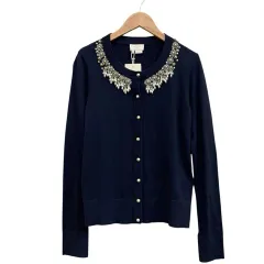 ケイトスペード KATE SPADE タグ付き 長袖ニットカーディガン ビジュー カシミヤ混 ネイビー サイズXS 