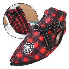 犬服 一体型綿コート ハーネス付き 背中開き おしゃれ 牽引 夜間反射 暖かい ペット 猫 犬 服 冬 小型犬 中型犬 着脱簡単 裏起毛 ベスト 防寒 防水 撥水 ジャケットリードリングあり お散歩（M，チェック） ブランド: Koramaku