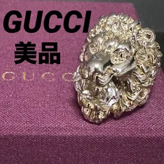 美品　グッチ　GUCCI　指輪　リング　16号　ライオンヘッド　ライオンリング　メンズ　レディース　男女兼用　GP　透明石　ゴールド　色石　クリア　ホワイト