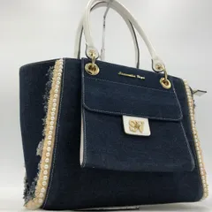 サマンサヴェガ デニム トートバッグ パール フリンジ 紺 白 Samantha Vega