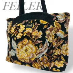 【B4385】 FEILER フェイラー トートバッグ 綿 シュニール織 ブラック オレンジ 花柄 総柄 ファスナー レディース 肩掛け