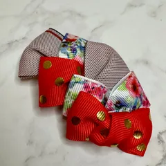 和モダン　畳縁×グログランリボンの華やかヘアピン　赤　花柄　ハンドメイド