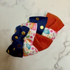 畳縁×グログランリボン ヘアピン　和モダンリボン　ネイビー×オレンジ　ハンドメイド