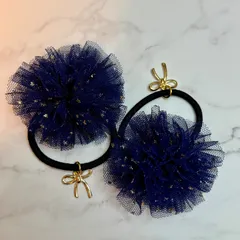 きらきら星チュールフラワー ヘアゴム ネイビー リボンチャーム ハンドメイド