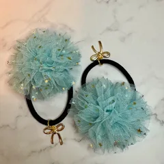 きらきら星チュールフラワー ヘアゴム ライトブルー リボンチャーム ハンドメイド