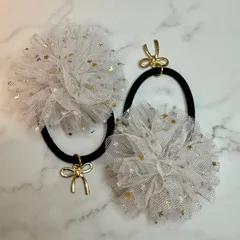 きらきら星チュールフラワー ヘアゴム ホワイト リボンチャーム ハンドメイド