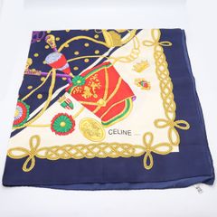 極美品 CELINE セリーヌ ジュエリー柄 シルク 大判 スカーフ ネイビー系 極美品 CELINE セリーヌ ジュエリー柄 シルク 大判 スカーフ ネイビー